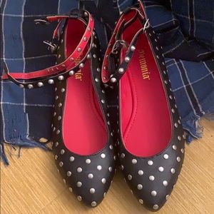 DEMONIA DEADLY DELIGHT STUDDED ANKLE STRAP FLATS